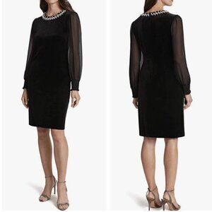 Tahari ASL Long Sleeves Beaded Neck Black Velvet Sheath Dress Pearl Sheer Sleeve